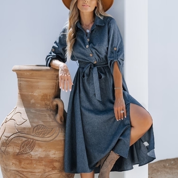 Cupshe Dresses & Skirts - NWT Belted wood like Buttoned midi blue dress Small Cupshe‎ vacation collection